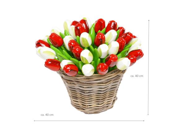 50 wooden tulips each 34 cm high in a wicker basket, hand-painted, wooden flowers, wooden decoration, wooden art tulips, Made in Holland